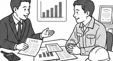 建設会社を訪問し、経審資料を確認しながら個別相談するイラスト